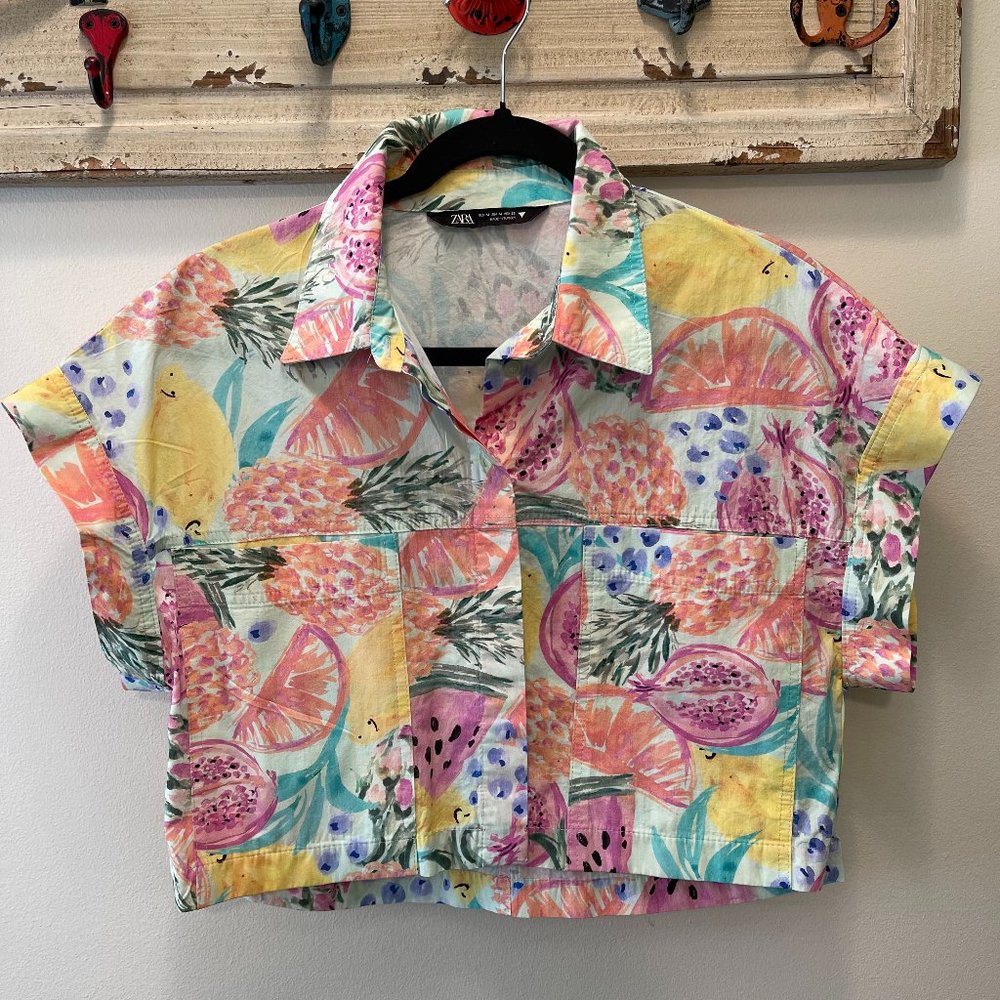 Zara Tropical Print Cropped Shirt